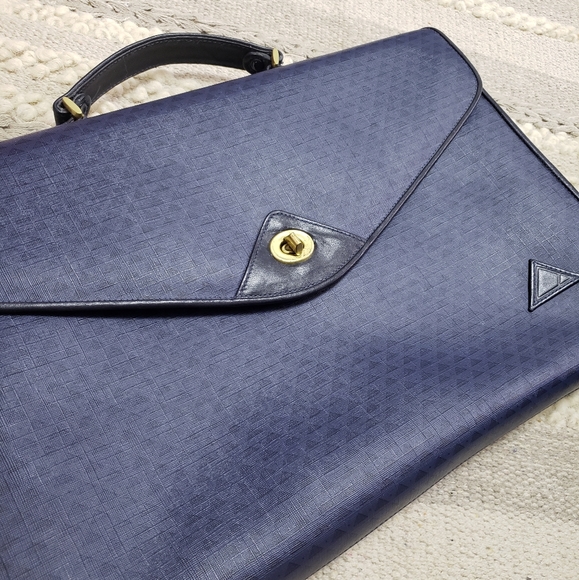 VINTAGE LIZ CLAIBORNE Blue Leather Trim Turnlock Briefcase Messenger Bag - Picture 3 of 16